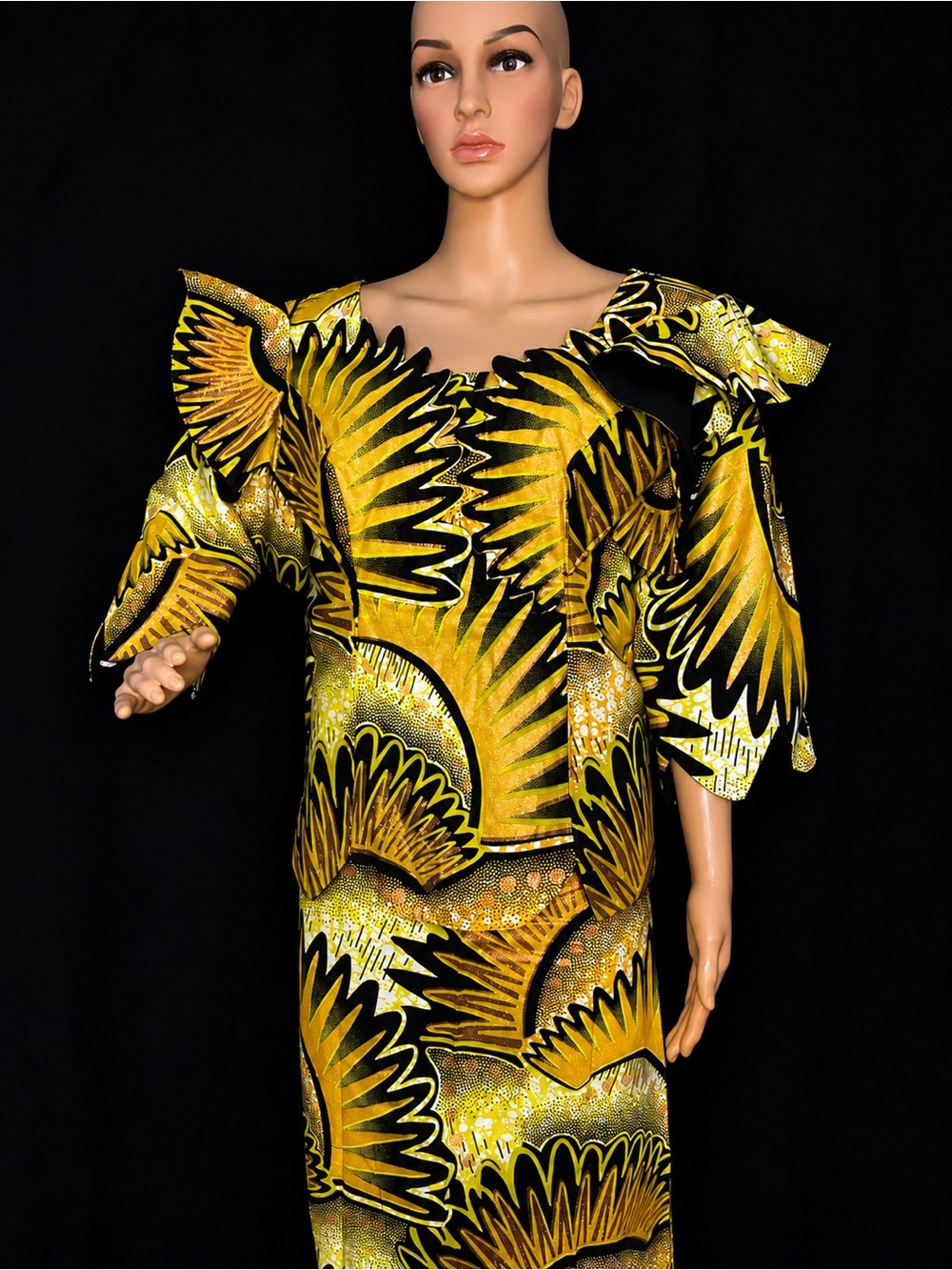 One-Shoulder Yellow & Black Printed Maxi Dress